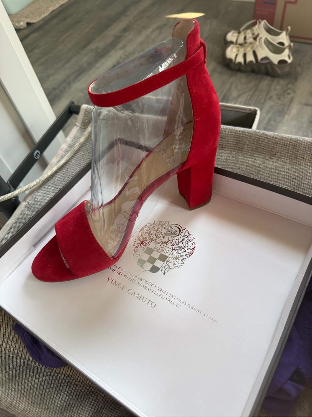Vince Camuto Red Suede Ankle-Strap Block Heel Sandals